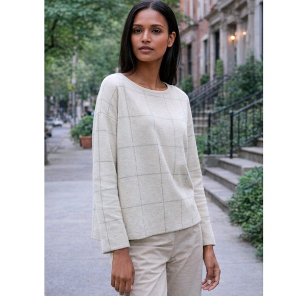 Eileen Fisher Sweaters - Eileen Fisher Women's Windowpane Merino Wool Sweater Size M Grey Cream